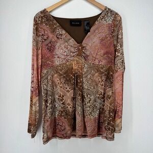 Vintage Womens Y2K Mesh Babydoll Top Paisley‎ Long Sleeve Large Brown Whimsigoth